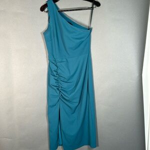 Betsy & Adam, One-Shoulder Ruched Sheath Dress, teal, size 8, NWT